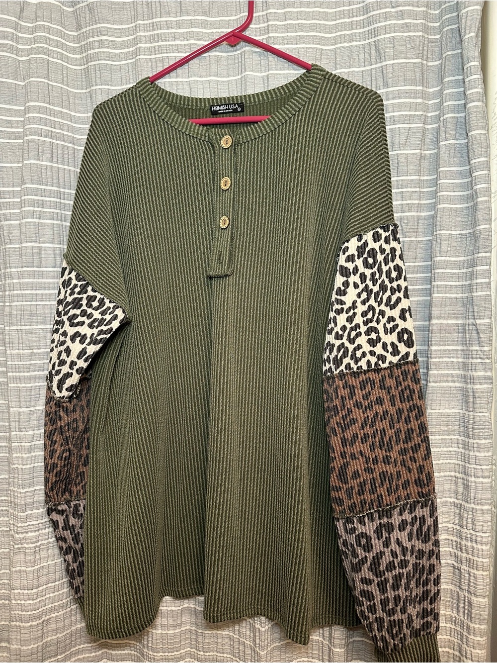 Plus Size HEIMISH USA Olive Ribbed Animal Print Sleeve